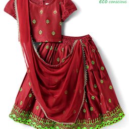Babyoye 100% Woven Half Puffed Sleeves Floral Embroidered Choli Lehenga Set with Dupatta & Lace - Red-image-85