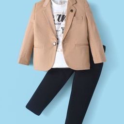 Dapper Dudes New York City Text Printed Tee With Pant & Full Sleeves Blazer Set - Fawn-image-4