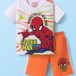 Babyhug Marvel Single Jersey Knit Half Sleeves T-Shirt & Shorts Set With Spider-Man Graphics - White & Orange-image-9