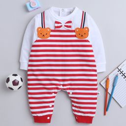 BUMZEE Cotton Full Sleeves Romper With Attached Bow Teddy Applique & Stripes - Red-image-71