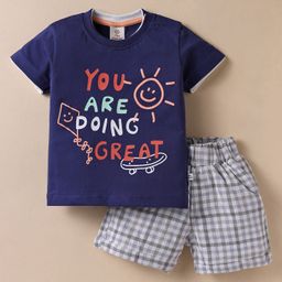 Mini Donuts Cotton Knit Half Sleeves T-Shirt & Shorts Set With You Are Doing Great Text Print - Navy Blue-6