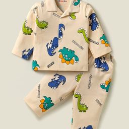Kookie Kids Interock Full Sleeves Co-ord Night Suit With Dino Print - Beige-image-62
