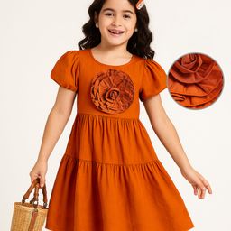 Arias 100% Cotton Half Sleeves Solid Coloured Dress With Floral Applique - Orange-image-72