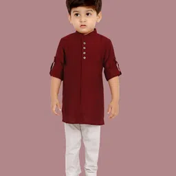 little desi Cotton Silk Full Sleeves Solid Kurta Pyjama Set - Maroon-picture-13
