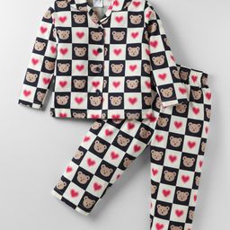 Ollypop Sinker Knit Full Sleeves Co-Ord Night Suit With Bear Print - Cream-image-97