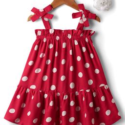 CrayonFlakes Rayon Woven Sleeveless Polka Dots Printed A Line Dress With Floral Applique Detailed Hair Clip - Red-picture-17