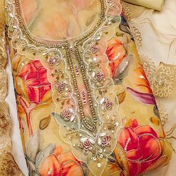 Women's Chikoo Floral Printed Sequins & Moti Handwork Organza Unstitched Dress Material-image-52