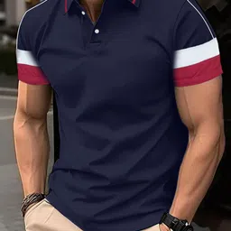 leotude Men Colorblock Polo Neck Cotton Blend Navy Blue T-Shirt-picture-13