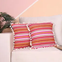 STITCHNEST Red & White 2-Pieces Embroidered Woollen Square Cushion Covers-14