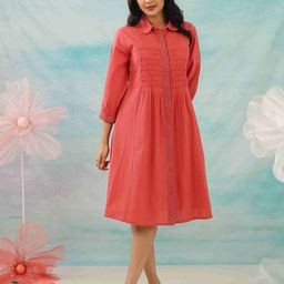 MISRI Women Solid Mandarin Collar Cotton A-Line Dress-image-74