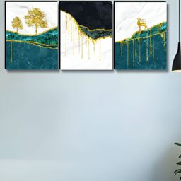 SAF White & Blue 3 Pieces Tree & Deer Wood Wall Art-image-88