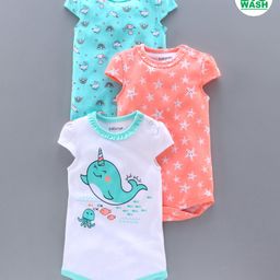 Babyoye Cotton Cap Sleeves Onesies Multiprint Pack of 3 - Blue Orange White-image-95