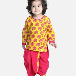 Bownbee Full Sleeves Elephant Print Kurta With Dhoti - Yellow-image-1