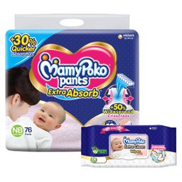 MamyPoko Extra Absorb Pants Style Diapers (New Born) 76 and MamyPoko Extra-Clean Wipes for Baby - Pack of 72-15