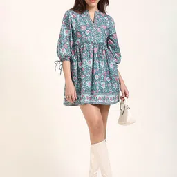 Virgio Neelshree An Azure Bloom Jaipur Hand Block Print Fit & Flare Dress-image-21