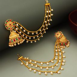 Anouk Gold Plated Kundan Studded And Pearls Beaded Dome Shaped Jhumkas With Ear Chain-image-20