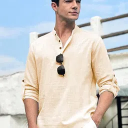EdinWolf Men India Slim Fit Band Collar Solid Cotton Casual Shirt-image-45