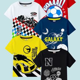 KUCHIPOO Boys Pack of 5 Graphic Printed Round Neck Cotton T-shirts-picture-18