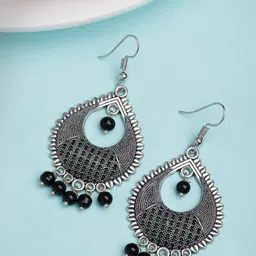 Anouk German Silver Plated Artificial Beaded Oxidised Teardrop Shaped Drop Earrings-3