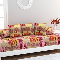 HOME AFFAIRS 6-Pcs Pink & Yellow Printed Cotton 220 Thread Count Cotton Single Diwan Set-11