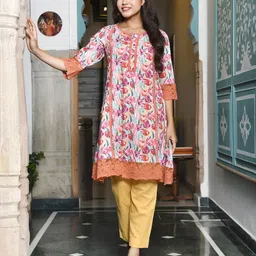 VAASVA JAIPUR Floral Printed Round Neck Cotton Blend Top With Trouser Set-image-1