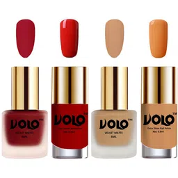 VOLO Set Of 4 Velvet Matte Nail Polish - 8 ml & 9.9ml Each - Reddish-Red-Nude-Skin Nude-8