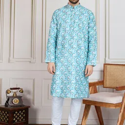 House of Pataudi Printed With Zari Embroidered Cotton Straight Kurta-image-11