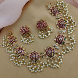 D Rio Fashions Gold Plated Cubic Zirconia Studded & Beaded Necklace And Earrings-16