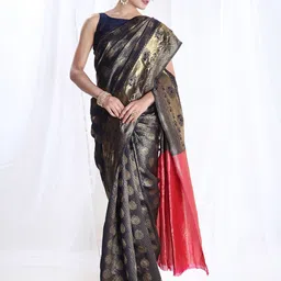 Janasya Women's Navy Blue Ethnic Motifs Woven Design Banarasi Saree with Blouse Piece-image-81