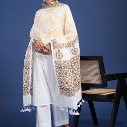Taavi Block Printed Woven Dupatta With Pom Pom Edgings-6