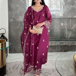 Royal Export Floral Embroidered Beads and Stones Straight Kurta With Trousers & Dupatta-52