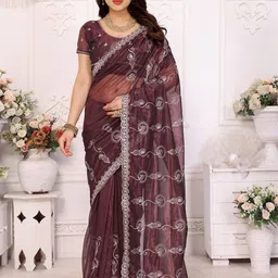 The Textile Hub Floral Embroidered Pure Chiffon Saree-image-60