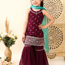 Superminis Girls Embroidered Gotta Patti Georgette Kurta with Sharara & With Dupatta-image-55