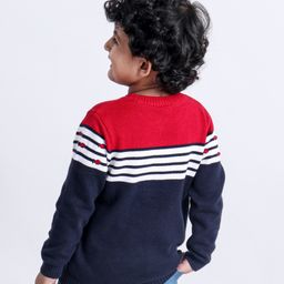 Babyhug Full Sleeves Sweater Color Block Print - Red image 3