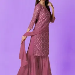 PARROT CREATION Women Embroidered Regular Sequinned Kurta with Sharara & With Dupatta-picture-0