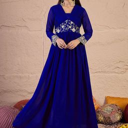 Inddus Floral Zari and Sequinned Embroidered Pleated A-Line Ethnic Dress-image-68