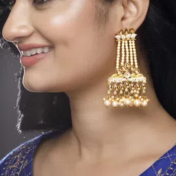 Rubans 22KT Gold-Plated Pearl Beaded and Kundan-Studded Chandbalis-16