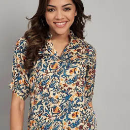 Amagyaa Floral Print Mandarin Collar Roll-Up Sleeves Top-picture-16