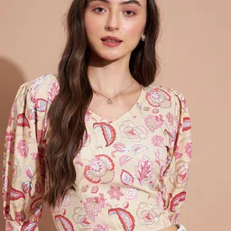 CORSICA Women Floral Print Puff Sleeve Crepe Regular Crop Top-image-11
