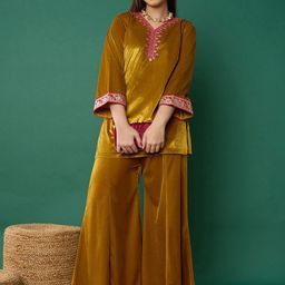 Noh.Voh - SASSAFRAS Kids Girls Yoke Design Thread Work Velvet Straight Kurti with Palazzos-picture-13