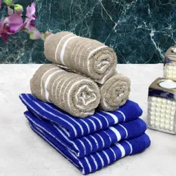 Aura Set of 6 Beige & Blue Striped Pure Cotton 150 GSM Hand Towels-51