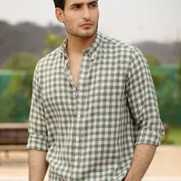 PERCH Men India Slim Grid Tattersall Checked Linen Blend Casual Shirt-image-52