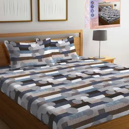 FABINALIV Grey & Brown Geometric 300 TC King Bedsheet with 2 Pillow Covers-29