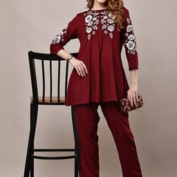 HERE&NOW Women Maroon Embroidered Co-Ords-picture-10