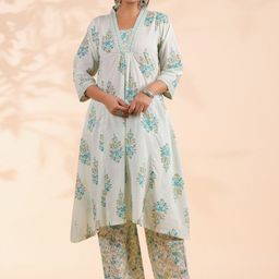 KALINI Floral Printed Empire Pure Cotton A-Line Kurta With Palazzos & Dupatta-28