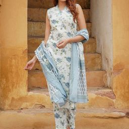 Shatanuvart Export Floral Printed Pure Cotton Straight Kurta with Trousers & Dupatta-picture-19