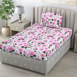 BOMBAY DYEING Pink & Grey Floral 144 TC Single Bedsheet with 1 Pillow Covers-image-33