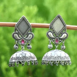 Sangria Oxidised Silver Dome Jhumka Earrings with Pink Stone & Peacock Detailing-picture-26