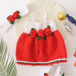 Woonie Girls Fit & Flare Crochet Dress with Cap & Booties Set-picture-2