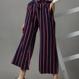 SHOWOFF Women Navy Blue Striped Loose Fit Trousers-picture-10
